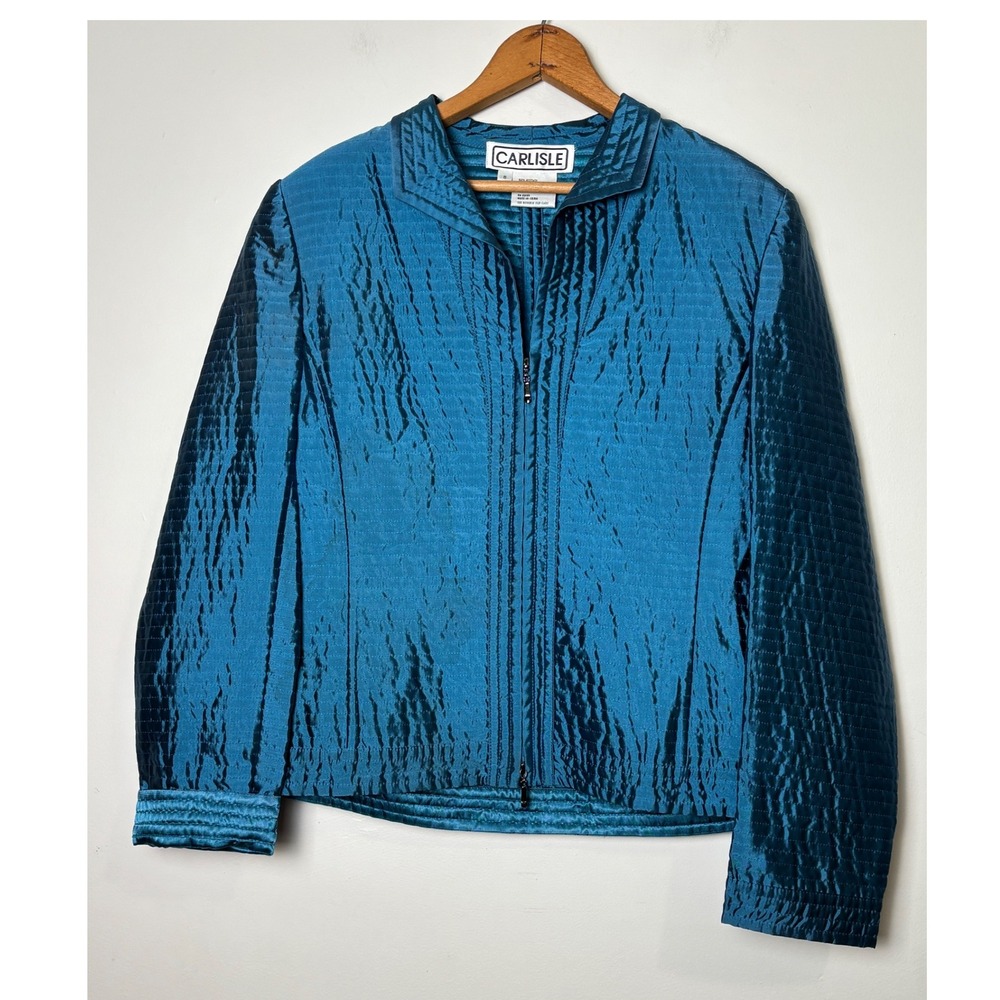 CARLISLE Womens VTG 90s Quilted Silk Blend Dressy Jacket‎ 8 Zip Front Designer